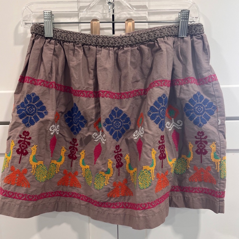Peek SGT Fletcher Embroidered Peacock Mini Skirt Brown‎ Boho Cotton Blend Sz 10